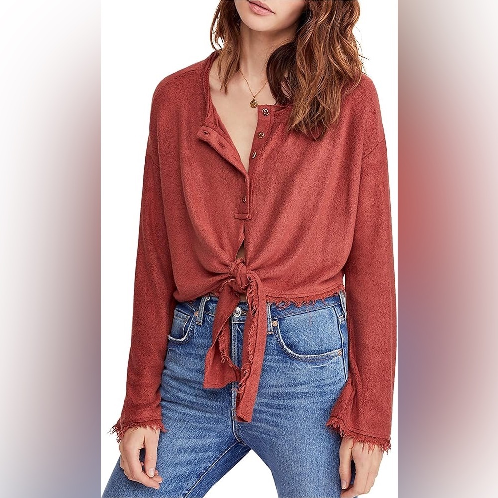 Free People Small Emmas Tie-Front Top in a brick red color Long Sleeve